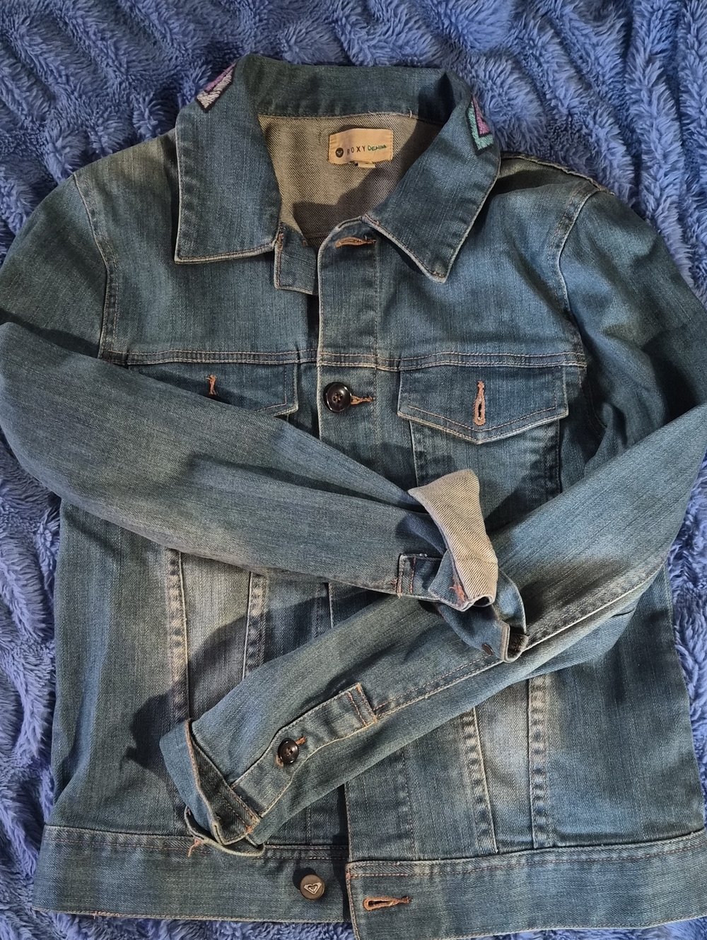 Roxy Medium Blue Denim Jacket with Subtle Embroidery